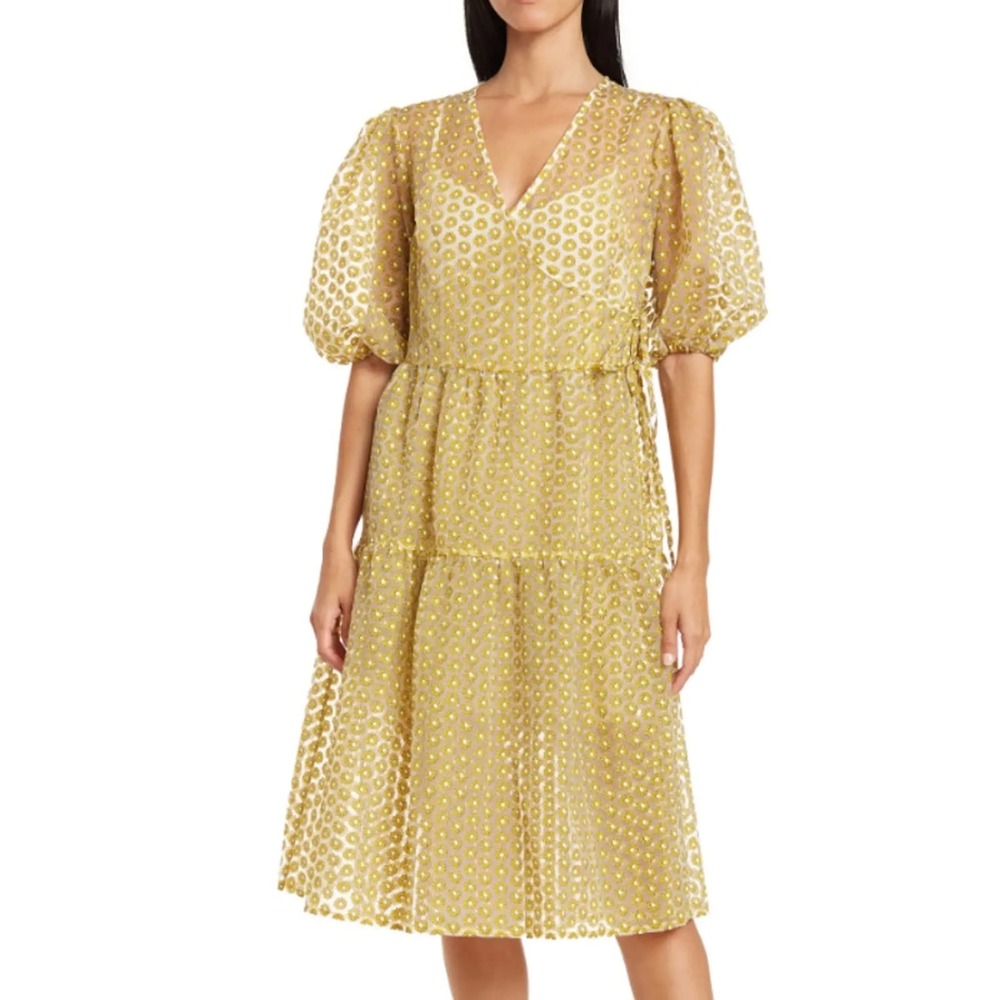 Topshop Wrap Dress US 4 Yellow Floral Daisy Puff Sleeve Tiered Organza Midi